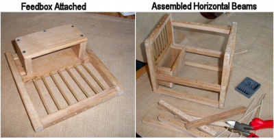 A small wooden feed-box is attached to one end of the coal miners birdcage, and the horizontal beams are doweled to the end pieces, forming a square box framework